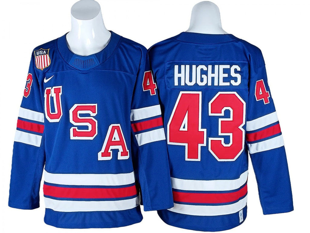 2026 Winter Olympics Team USA #43 Quinn Hughes Blue Hockey Jersey Stitched