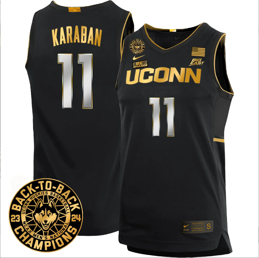 Alex Karaban Jersey #11 UConn Huskies Basketball 2024 Back To Back Champions Patch Black Gold