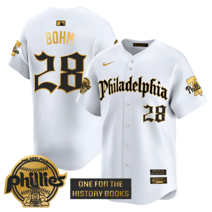 Alec Bohm Jersey #28 Phillies Retro Newspaper Edition Gold Vapor Premier Stitched