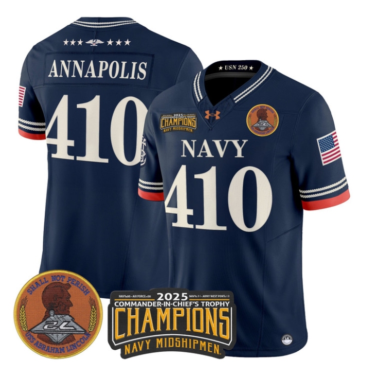 Annapolis Jersey #410 Navy Midshipmen 2025 Trophy Champions Stitched Navy