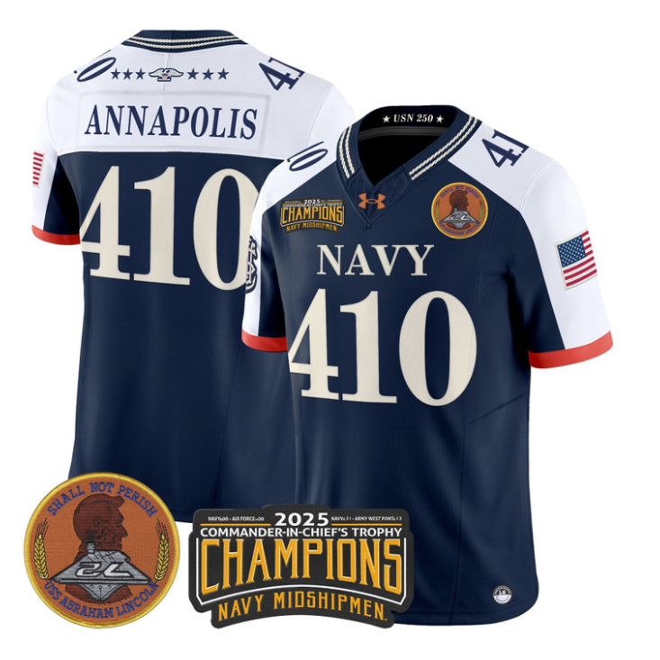 Annapolis Jersey #410 Navy Midshipmen 2025 Trophy Champions Stitched Navy Alternate