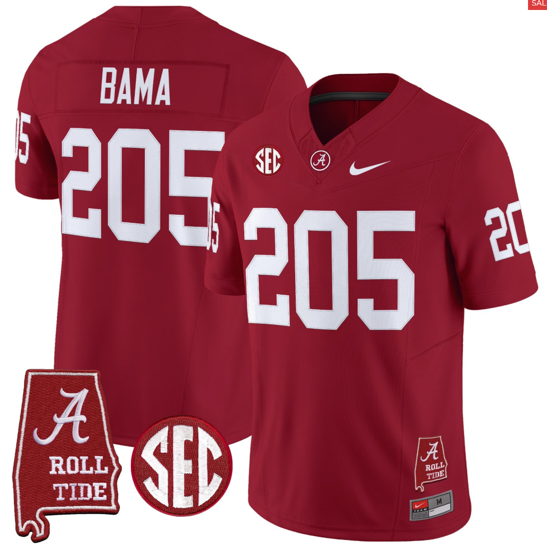Bama Jersey #205 Alabama Crimson Throwback Alabama Map Stitched