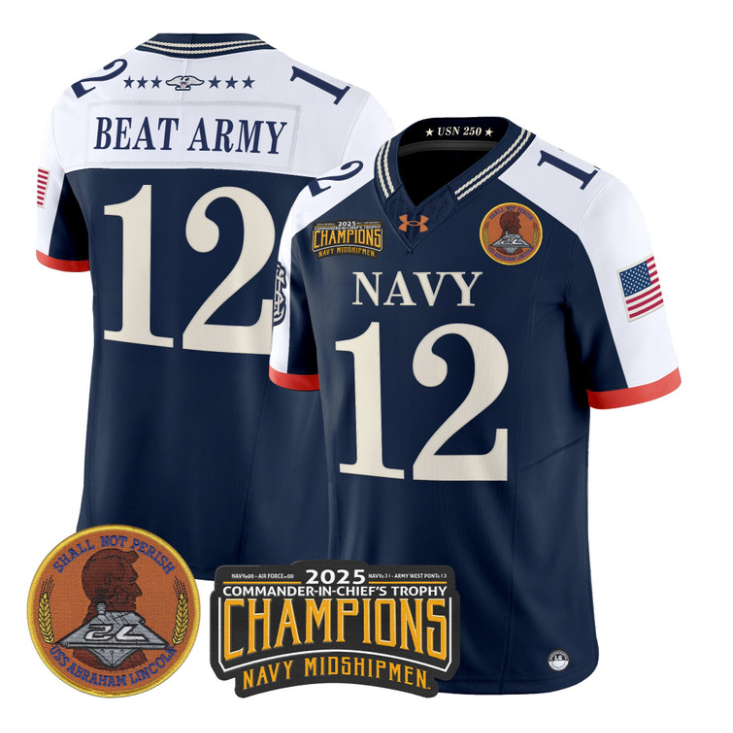 Beat Army Jersey #12 Navy Midshipmen 2025 Trophy Champions Patch Stitched Navy Alternate