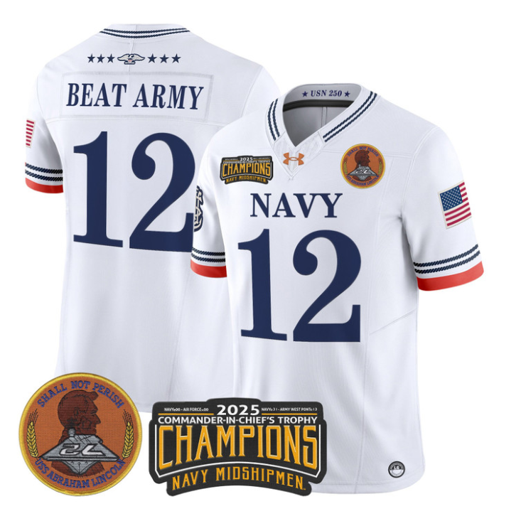 Beat Army Jersey #12 Navy Midshipmen 2025 Trophy Champions Patch Stitched White