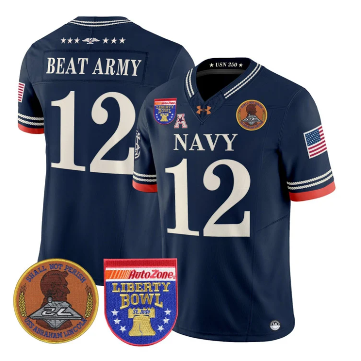 Beat Army Jersey #12 Navy Midshipmen 250th 2026 Liberty Bowl Stitched Navy