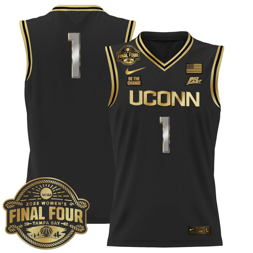 Team Jersey #1 UConn Huskies 2025 Big Eat Final Four Patch Stitched Black Gold