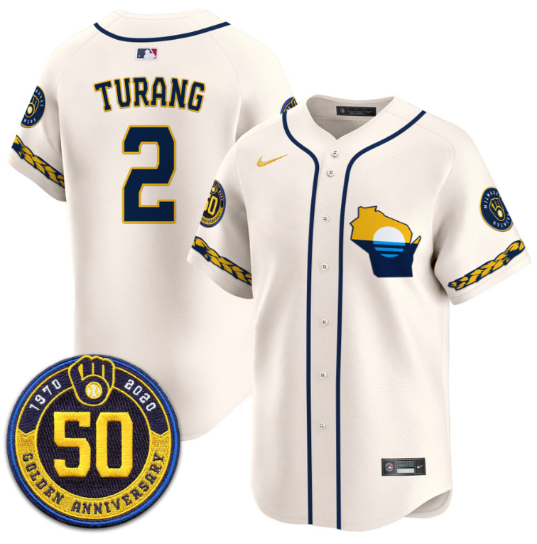 Brice Turang Jersey #2 Milwaukee Brewers Golden 50th Anniversary Patch Stitched