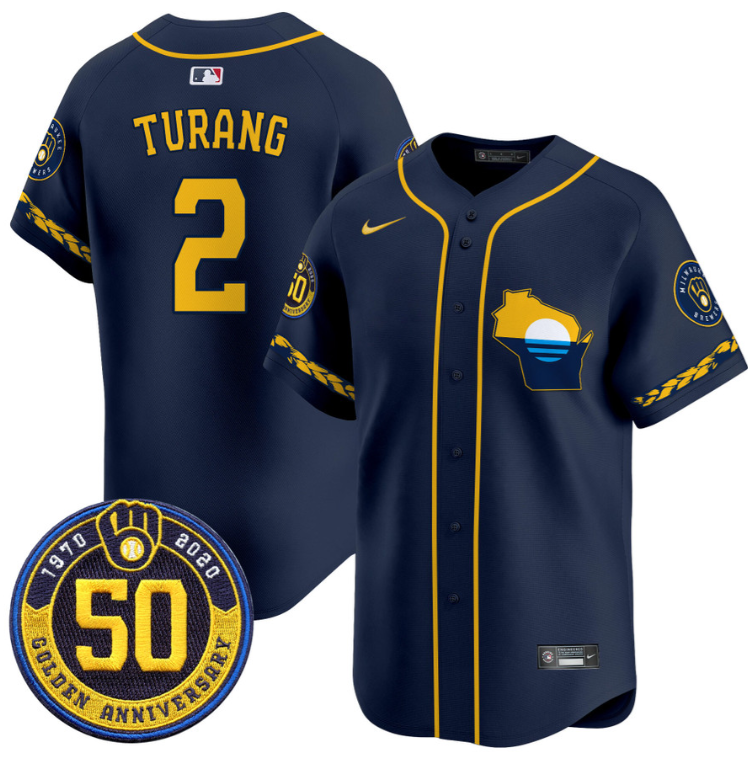 Brice Turang Jersey #2 Milwaukee Brewers Golden 50th Anniversary Patch Stitched