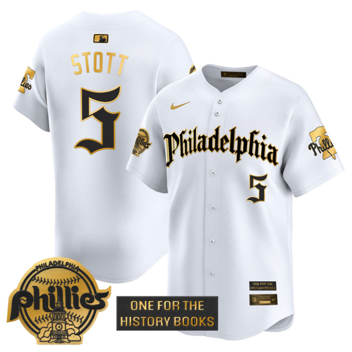 Bryson Stott Jersey #5 Phillies Retro Newspaper Edition Gold Vapor Premier Stitched