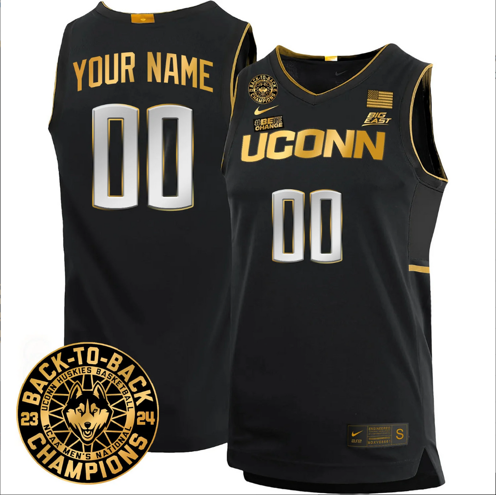 Custom UConn Huskies Basketball Jersey 2024 Back To Back Champions Patch Black