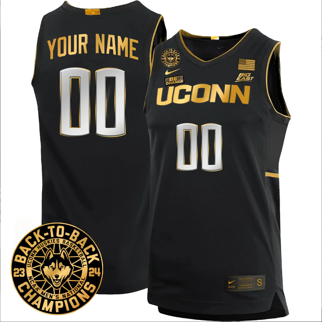Custom UConn Huskies Basketball Jersey 2024 Back To Back Champions Patch Black