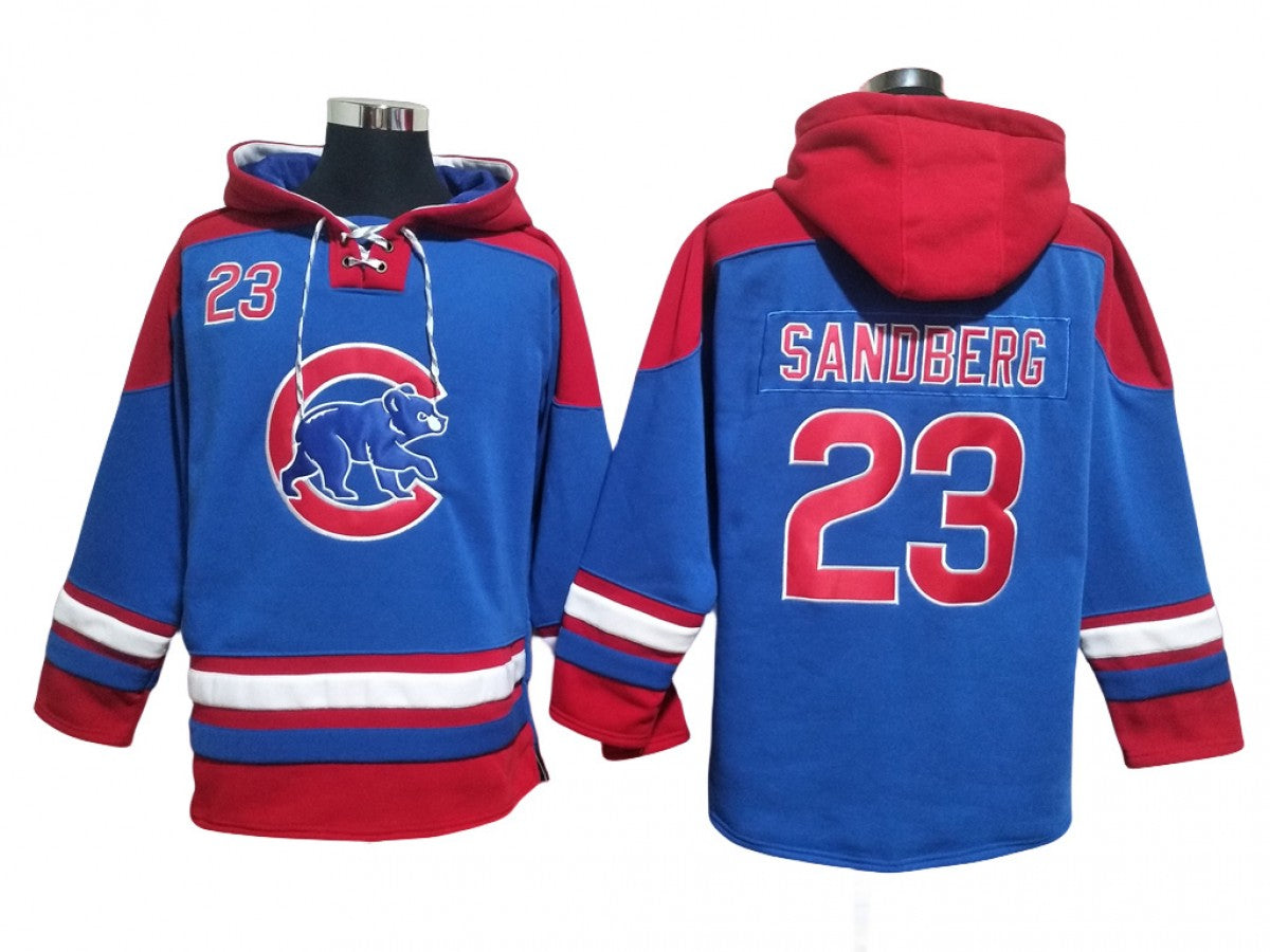 Chicago Cubs #23 Ryne Sandberg Blue Ageless Must-Have Lace-Up Pullover Hoodie