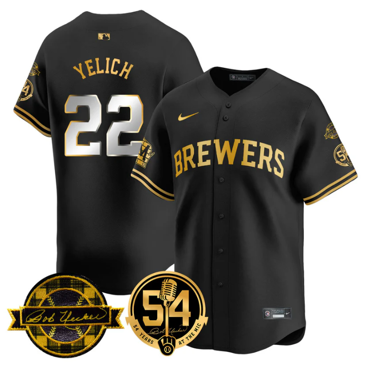 Christian Yelich Jersey #22 Milwaukee Brewers 2025 Bob Uecker, 54 Seasons for Brewers Stitched