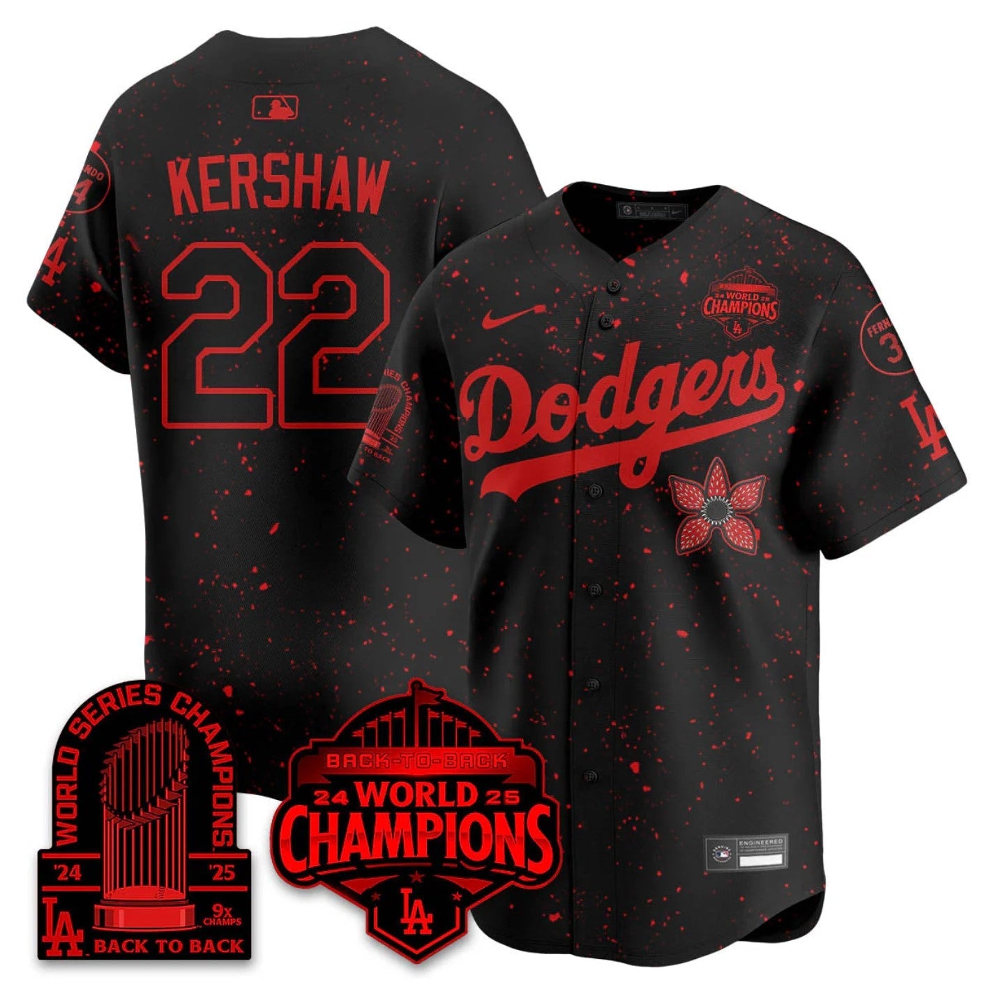 Clayton Kershaw Jersey #22 Dodgers 2025 Champions Stranger Things 9x Champs Stitched