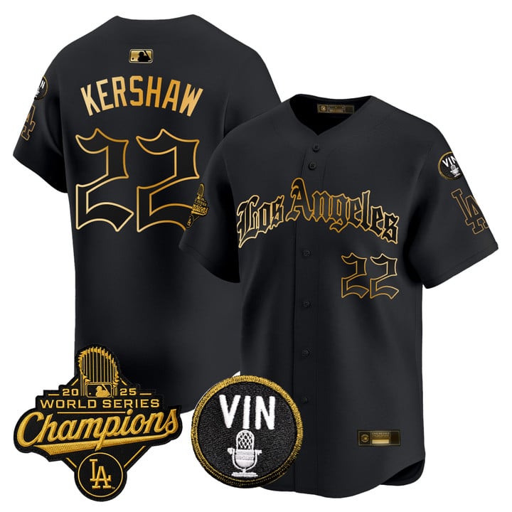 Clayton Kershaw Jersey #22 Dodgers 2025 World Series Champions LA Gothic
