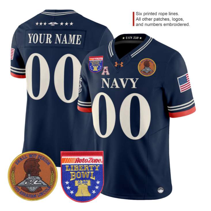 Custom Navy Midshipmen Jersey Name, Number 250th 2026 Liberty Bowl Stitched Navy