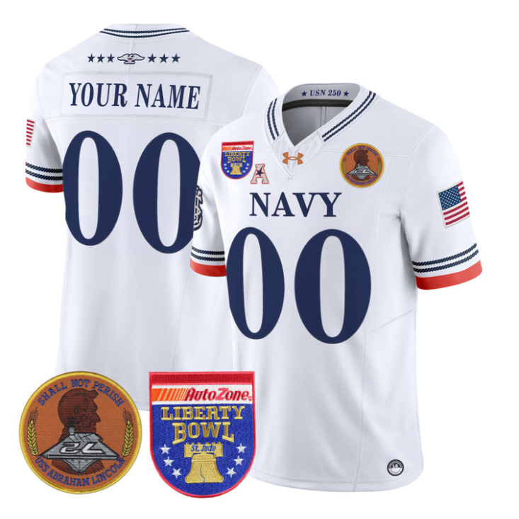 Custom Navy Midshipmen Jersey Name, Number 250th 2026 Liberty Bowl Stitched White