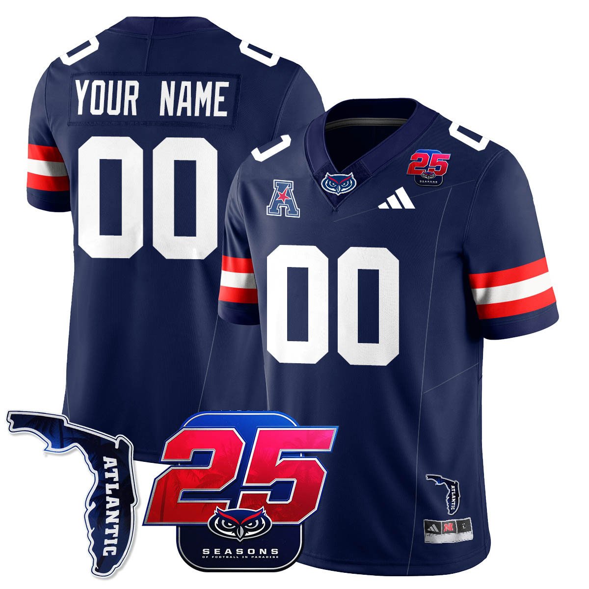 Custom Florida Atlantic Football Jersey Name, Number 25th Season Stitched