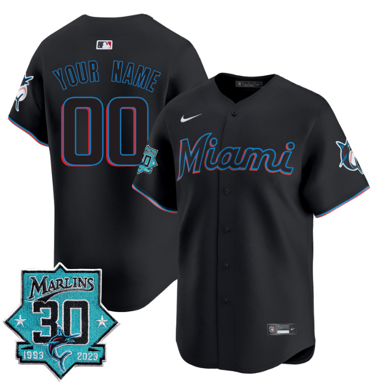 Custom Miami Marlins Jersey 30 Seasons Anniversary Patch Vapor Premier Limited Stitched Black Gold