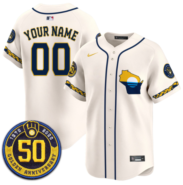 Custom Milwaukee Brewers Jersey Golden 50th Anniversary Patch Premier Limited Stitched