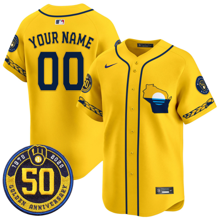 Custom Milwaukee Brewers Jersey Golden 50th Anniversary Patch Premier Limited Stitched