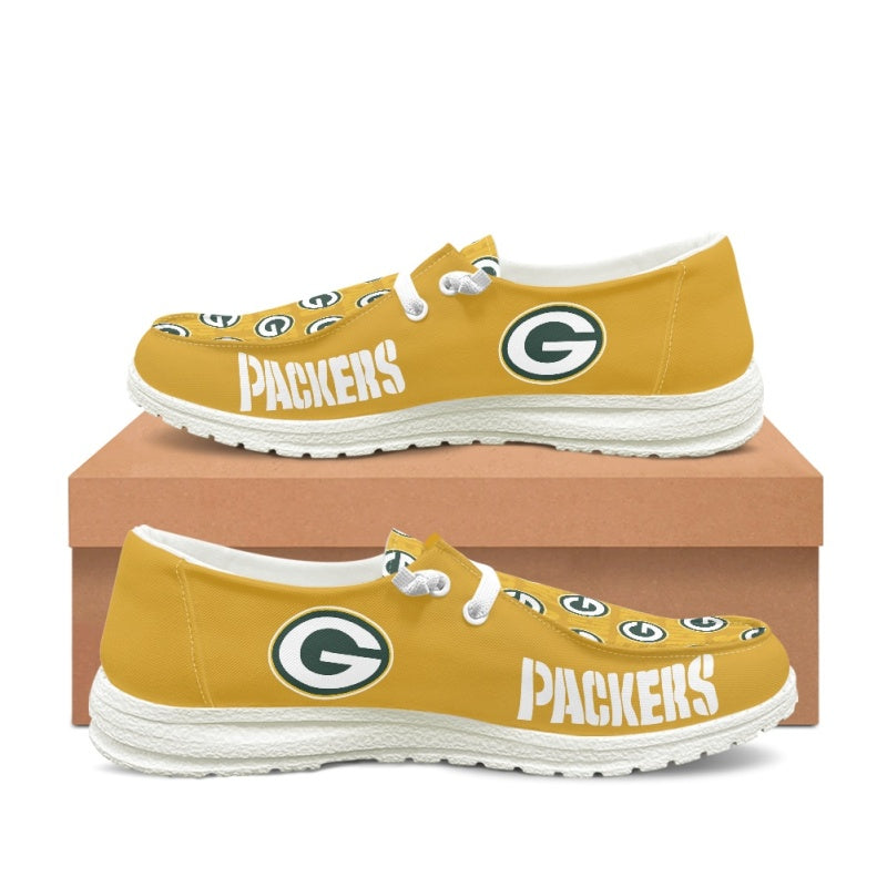 Green Bay Packers Yellow Team Name Logo Canvas Sneaker Shoes For Men Women Fans