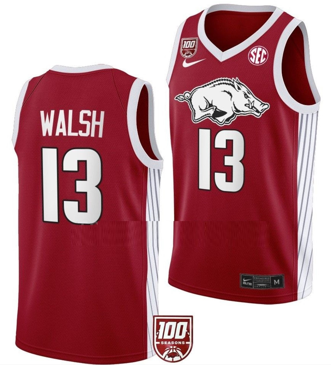 Jordan Walsh Jersey Arkansas Razorbacks College Basketball 100 Season #13