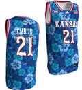 Joel Embiid Jersey #21 Kansas Jayhawks Bill Self Game College Basketball Blue Maui Strong