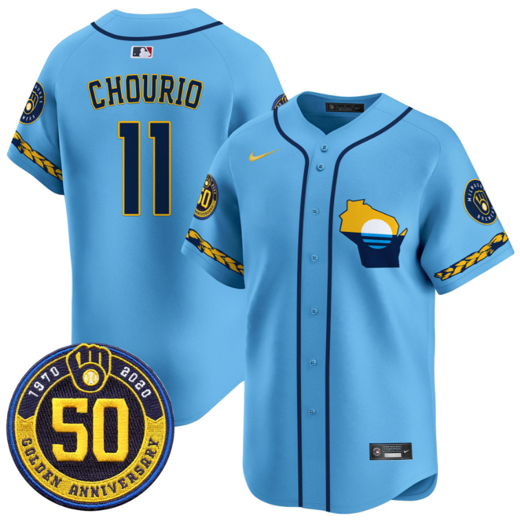 Jackson Chourio Jersey #11 Milwaukee Brewers Golden 50th Anniversary Patch Stitched