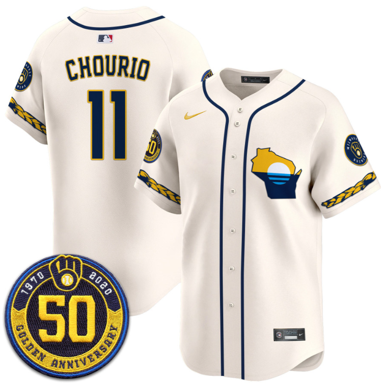 Jackson Chourio Jersey #11 Milwaukee Brewers Golden 50th Anniversary Patch Stitched