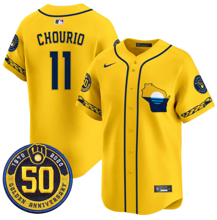 Jackson Chourio Jersey #11 Milwaukee Brewers Golden 50th Anniversary Patch Stitched