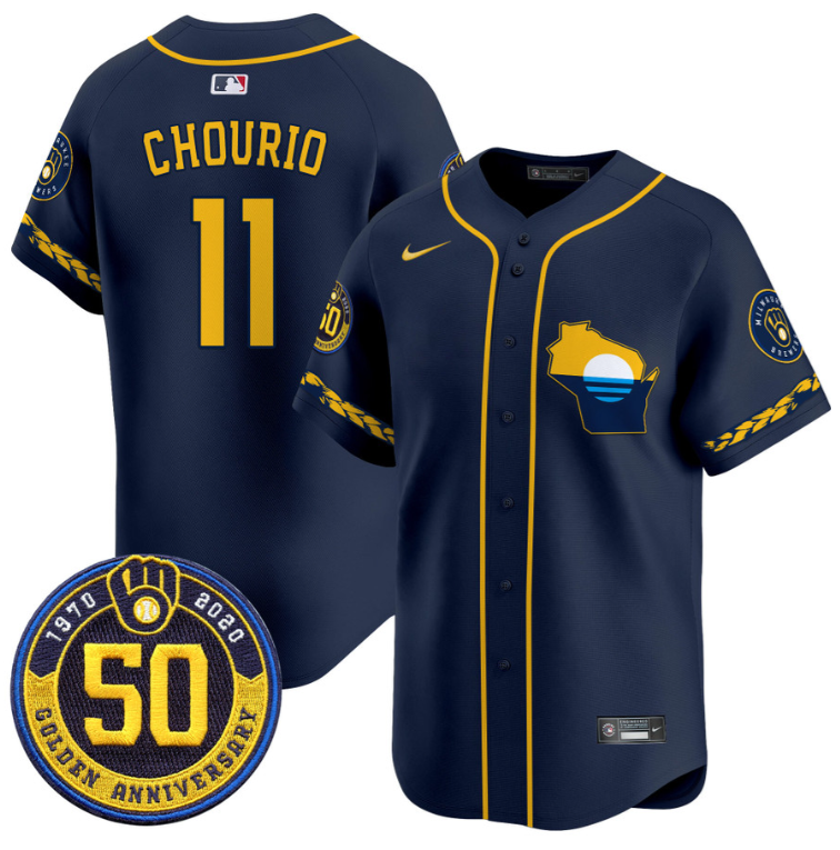 Jackson Chourio Jersey #11 Milwaukee Brewers Golden 50th Anniversary Patch Stitched