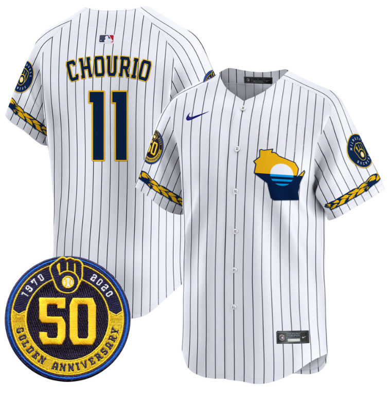 Jackson Chourio Jersey #11 Milwaukee Brewers Golden 50th Anniversary Patch Stitched