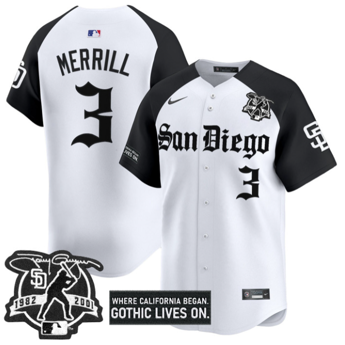 Jackson Merrill Jersey #3 San Diego Padres Gothic Edition Vapor Limited Stitched