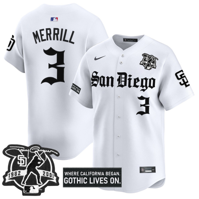 Jackson Merrill Jersey #3 San Diego Padres Gothic Edition Vapor Limited Stitched