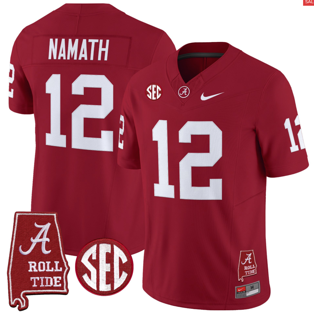 Joe Namath Jersey #12 Alabama Crimson Throwback Alabama Map Stitched