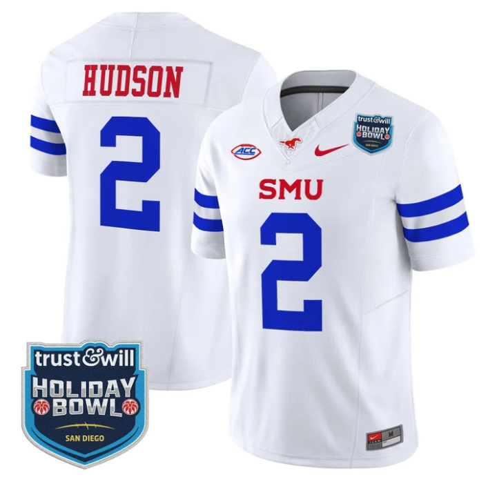 Jordan Hudson Jersey #2 SMU Mustangs 2026 Holiday Bowl Patch Stitched White