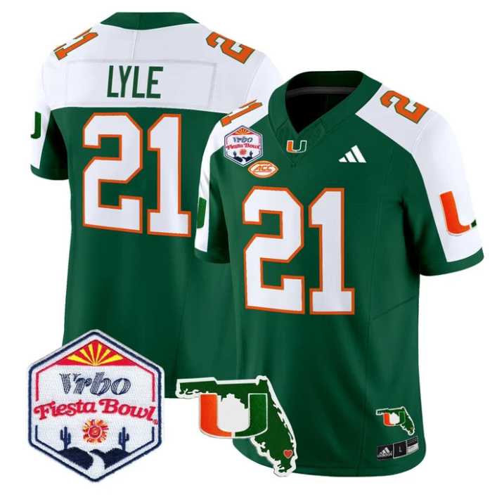 Jordan Lyle Jersey #21 Miami Hurricanes 2026 Fiesta Bowl Florida Green Alternate