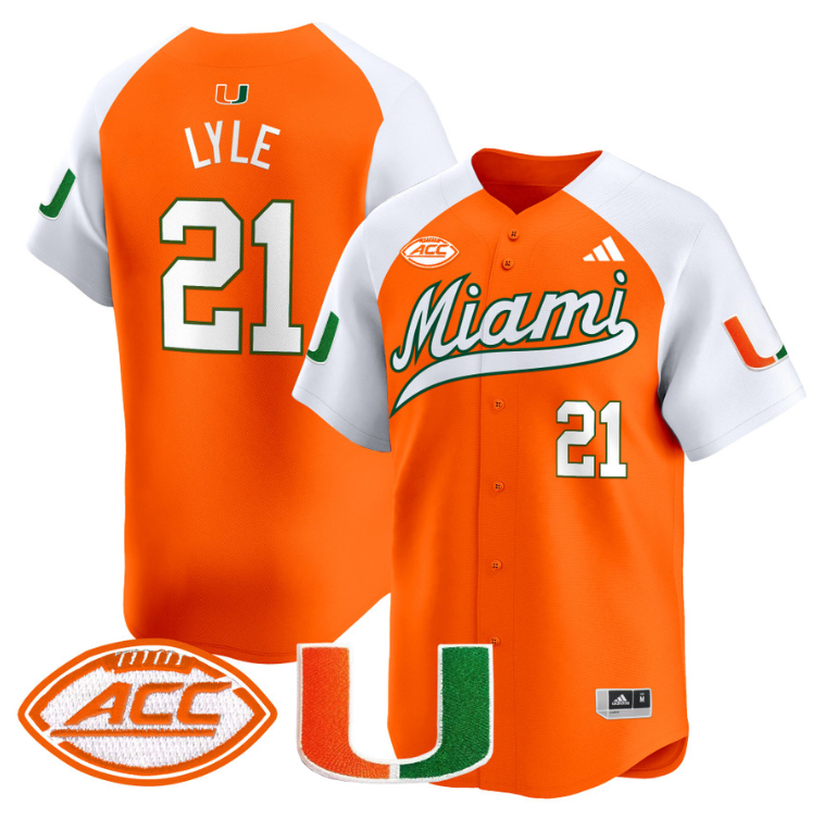 Jordan Lyle Jersey #21 Miami Hurricanes 2024 Baseball Stitched