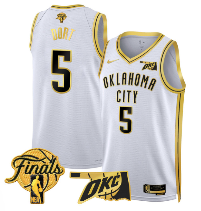 Luguentz Dort Jersey # 5 Oklahoma City Thunder 2025 Finals Swingman Stitched White Gold