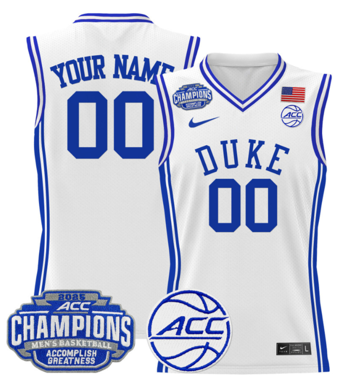 Men Custom Duke Blue Devils Jersey 2025 ACC Champions Stitched White