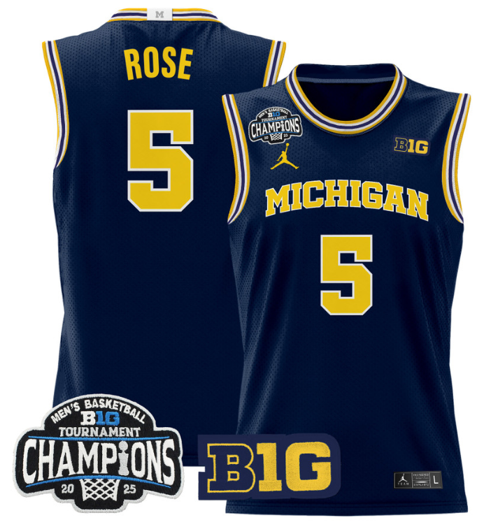 Men Jalen Rose Jersey #5 Michigan Wolverines 2025 Big Ten Champions Navy