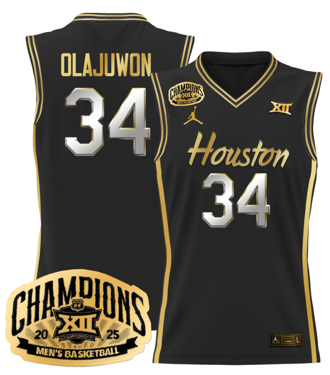 Men Hakeem Olajuwon Jersey #34 Houston Cougar 2025 Big 12 Champions Black Gold