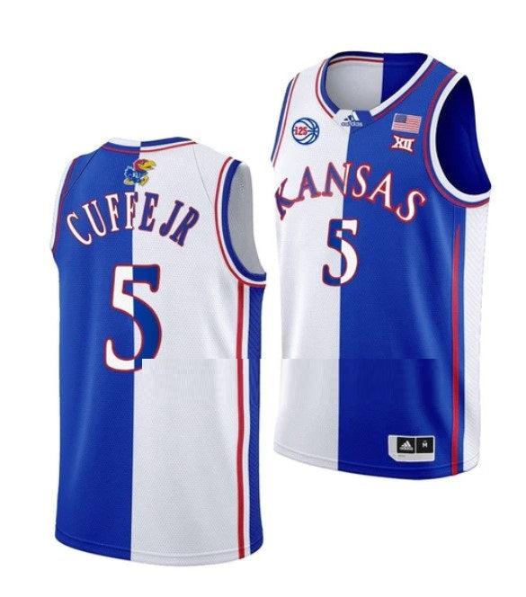Men's #5 Kyle Cuffe Jr Jersey Kansas Jayhawks College Basketball Jerseys Blue White Split