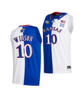 Men's #10 Jalen Wilson Jersey Kansas Jayhawks College Basketball Jerseys White Royal Split 2022