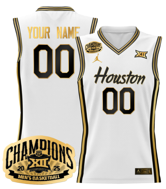 Men Custom Houston Cougar Jersey 2025 Big 12 Tournament Champions White Gold