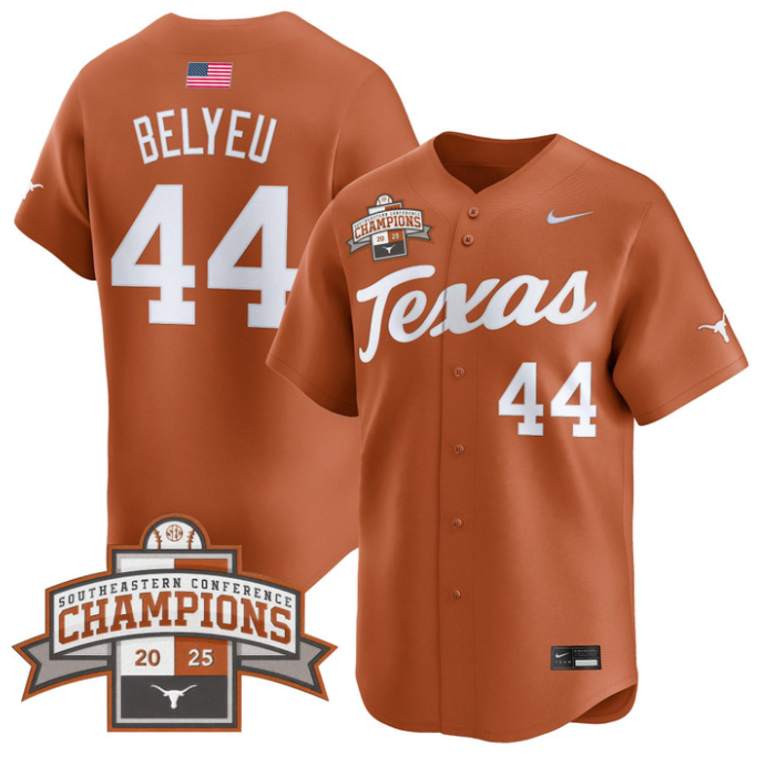 Max Belyeu Jersey #44 Texas Longhorns 2025 Southeastern Champions Vapor Stitched Texas