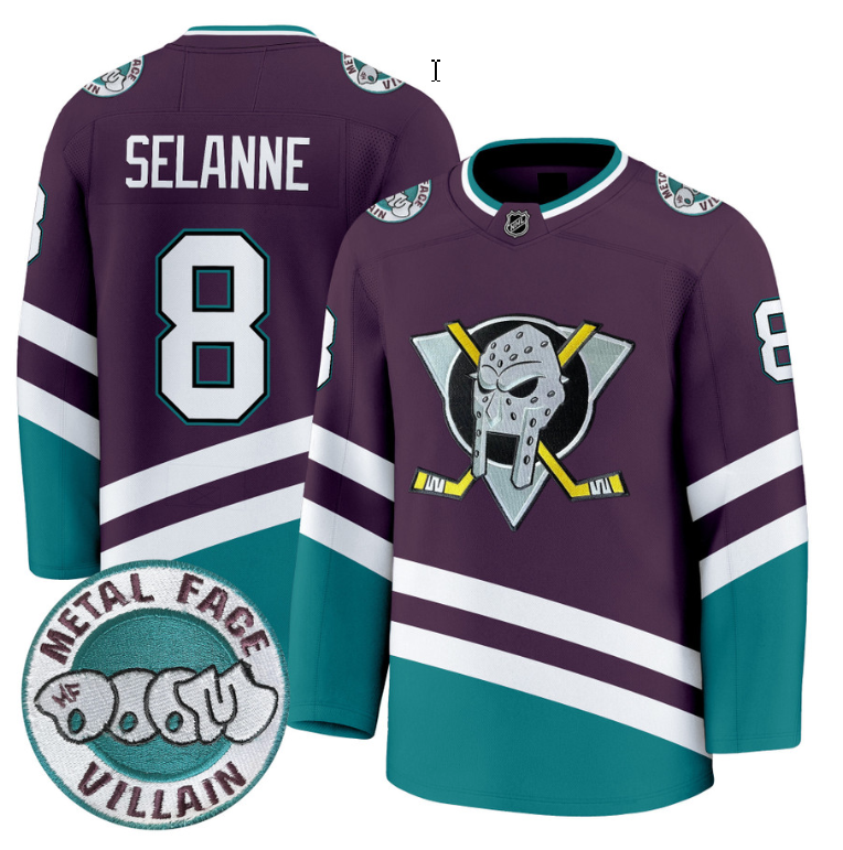 Men Teemu Selänne Jersey #8 Anaheim Ducks MF DOOM Metal Face Villain Stitched