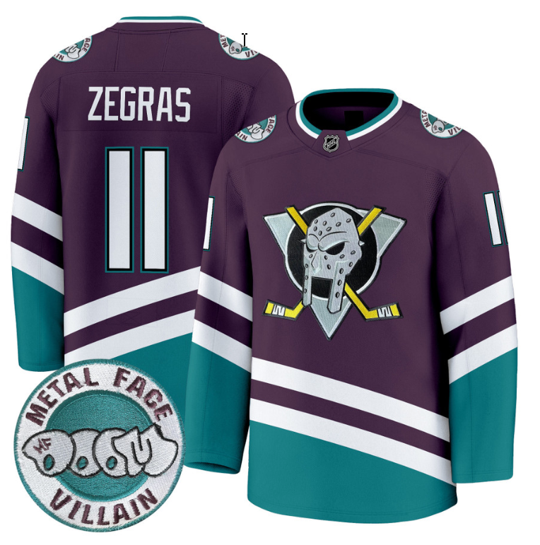 Men Trevor Zegras Jersey #11 Anaheim Ducks MF DOOM Metal Face Villain Stitched