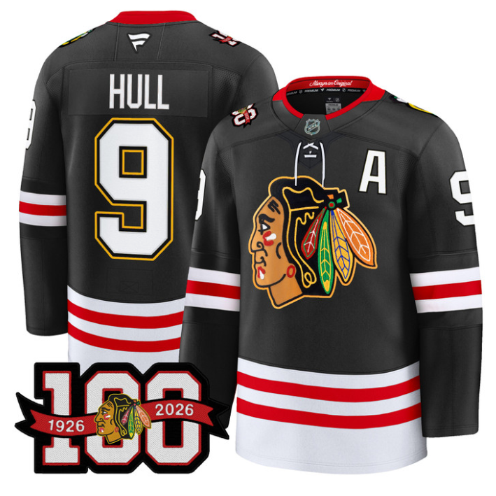 Bobby Hull Jersey #9 Chicago Blackhawks 100th Anniversary Stitched Black